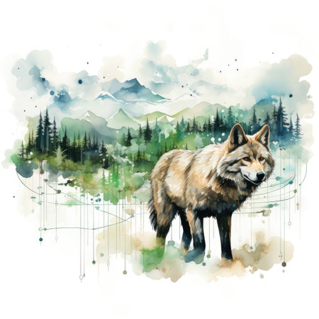 Watercolor wolf in the mountains.の素材