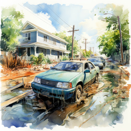Watercolor old car on a flooded street in a small town.の素材
