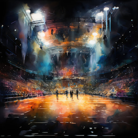 Concert hall with spotlights and crowd of people.の素材