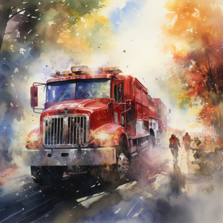 Watercolor red fire truck on the road.の素材