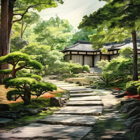 japanese garden with chinese house and pondの素材