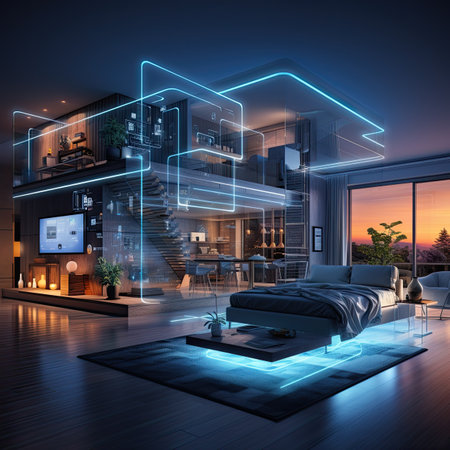 A modern living room with a night view of the cityの素材