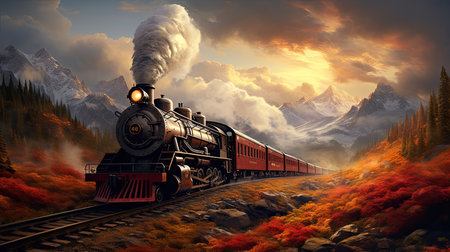 Steam locomotive in the mountains at sunset.の素材