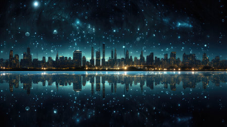 Night cityscape with skyscrapers and reflection in water.の素材