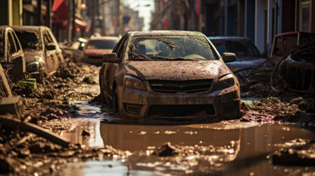 Car in a flooded street after heavy rain. Shallow depth of field.の素材