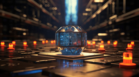 A futuristic cube on a background of the night cityの素材