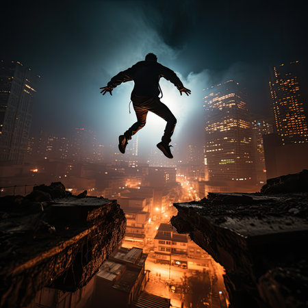 Silhouette of a man jumping on the background of the night cityの素材