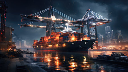 Container Cargo freight ship with working crane bridge in shipyard at night for Logistic Import Export backgroundの素材