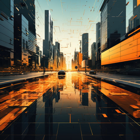 abstract scene with skyscrapers and roadの素材