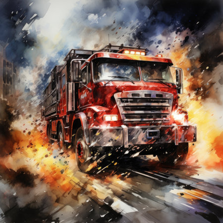 Red fire truck on the road with flames and smoke.の素材