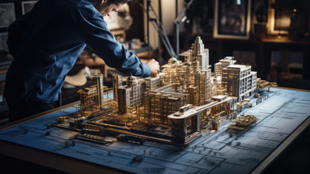 Engineer working on building model at construction site. Construction concept.の素材