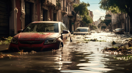 A car driving through a flooded street in Cityの素材