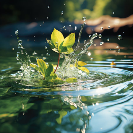 Water splash with green leaves on the water surface. Nature background.の素材