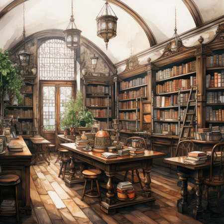 Interior of a medieval library with bookshelf and tables.の素材