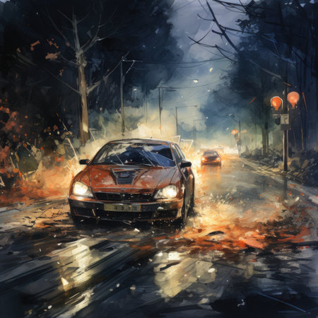 Car on the road during a fire in the city.の素材