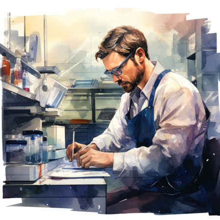 A male scientist working in a lab with a microscopeの素材