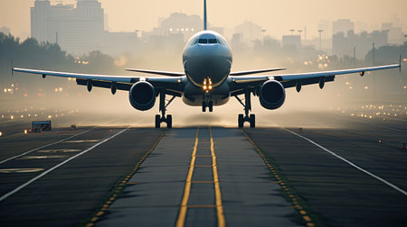 Airplane landing on the runway in the fog.の素材