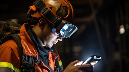 Portrait of a young male industrial worker wearing safety equipment and using mobile phone in a factoryの素材