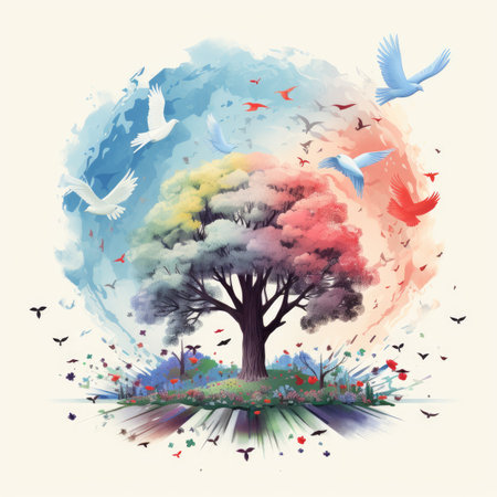 Watercolor Spring tree with flying birds.の素材