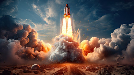 Space rocket taking off into the sky.の素材