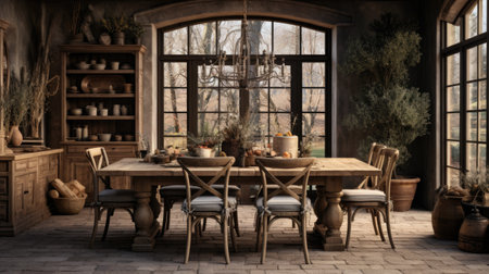 a rustic dining room with a large windowの素材