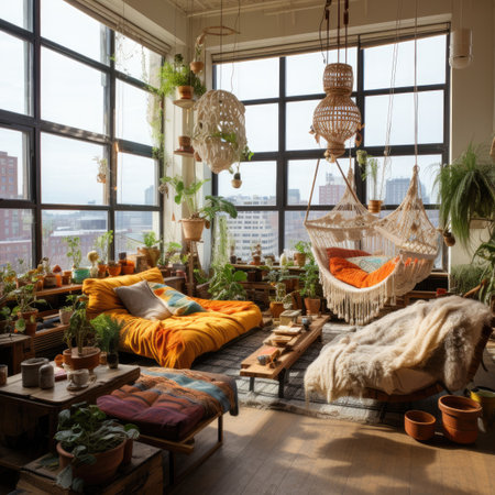 Interior of a cozy living room with hanging hammock and plantsの素材