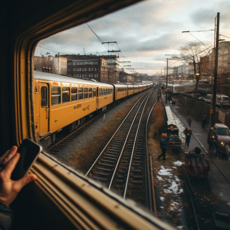 View from the window of a train on the railway station in winterの素材