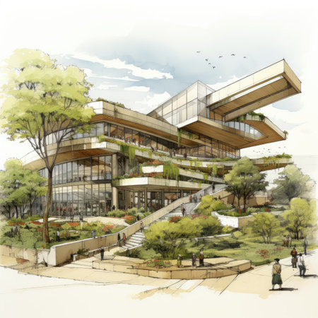 a modern office building on a background of treesの素材