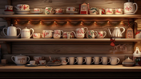 A wooden shelf full of cups and mugsの素材