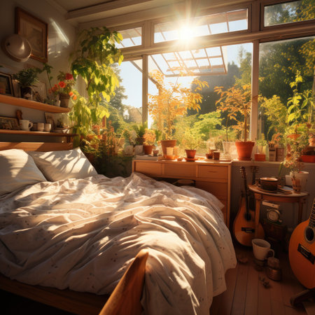 Bedroom in a country style. Sunlight through the window.の素材