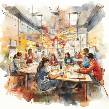 Watercolor Group of people in a cafe.の素材
