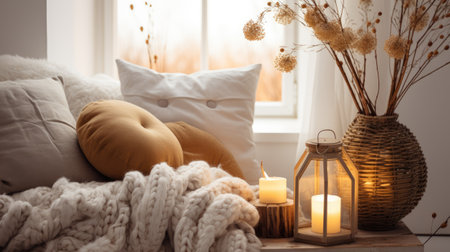Cozy home interior with cozy cushions, knitted plaid and burning candle on windowsillの素材