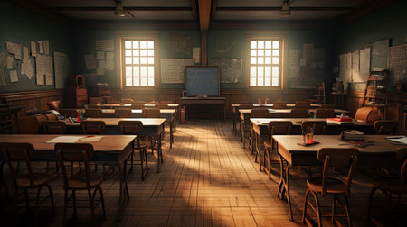 3d rendering of an old school classroom with wooden chairs and tablesの素材