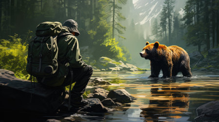 Rear view of a man with a backpack and a big brown bear in a forest lakeの素材