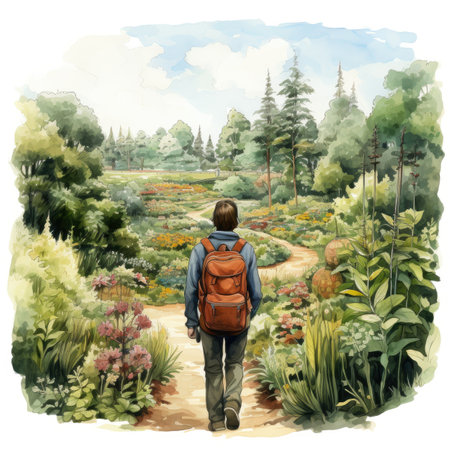Watercolor hiker with a backpack walking through the garden.の素材