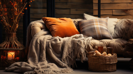 Cozy living room interior with cozy pillows, basket and plaidの素材