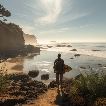 Surfer with a surfboard on the beach in the morning.の素材