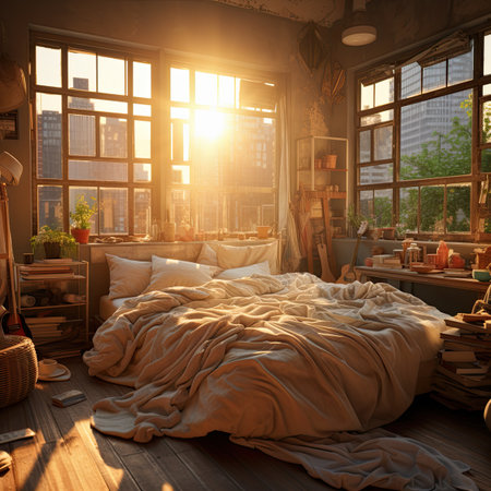Bedroom interior with a large window and a view of the cityの素材