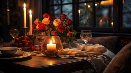 Romantic dinner in a rustic style with roses and candles.の素材