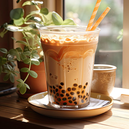 Iced Milk Tea with Bubbles in a Plastic Cup on a Wooden Tableの素材