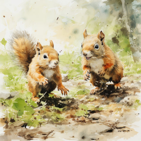 Watercolor Two squirrels in the park.の素材