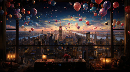 View of City from a window with balloons flying in the airの素材