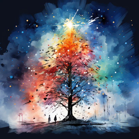 Abstract colorful tree on blue and red watercolor backgroundの素材