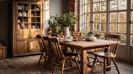 Interior of a rustic dining room with wooden table and chairs