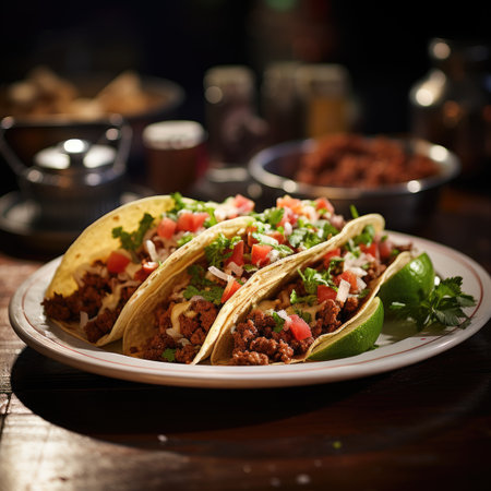 Mexican tacos with beef and vegetables on a wooden table.の素材