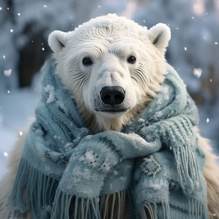 White polar bear in a blue scarf in the winter forest.の素材