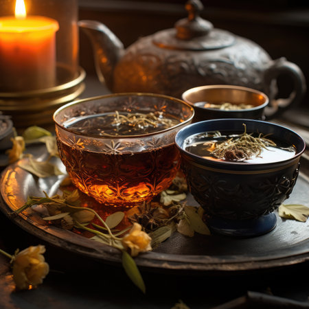 Tea in a cup on a dark background. Selective focus.の素材