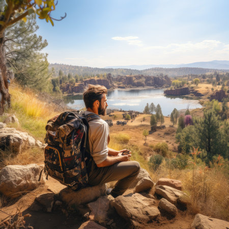 Hiking man with backpack sitting on the edge of a cliff and looking at a lakeの素材