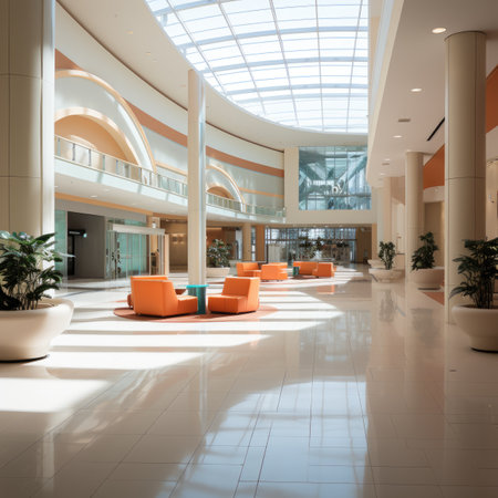 Interior of a modern office building with orange and white armchairsの素材