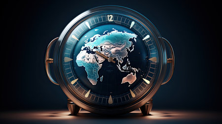 World map in vintage alarm clock on dark background.の素材